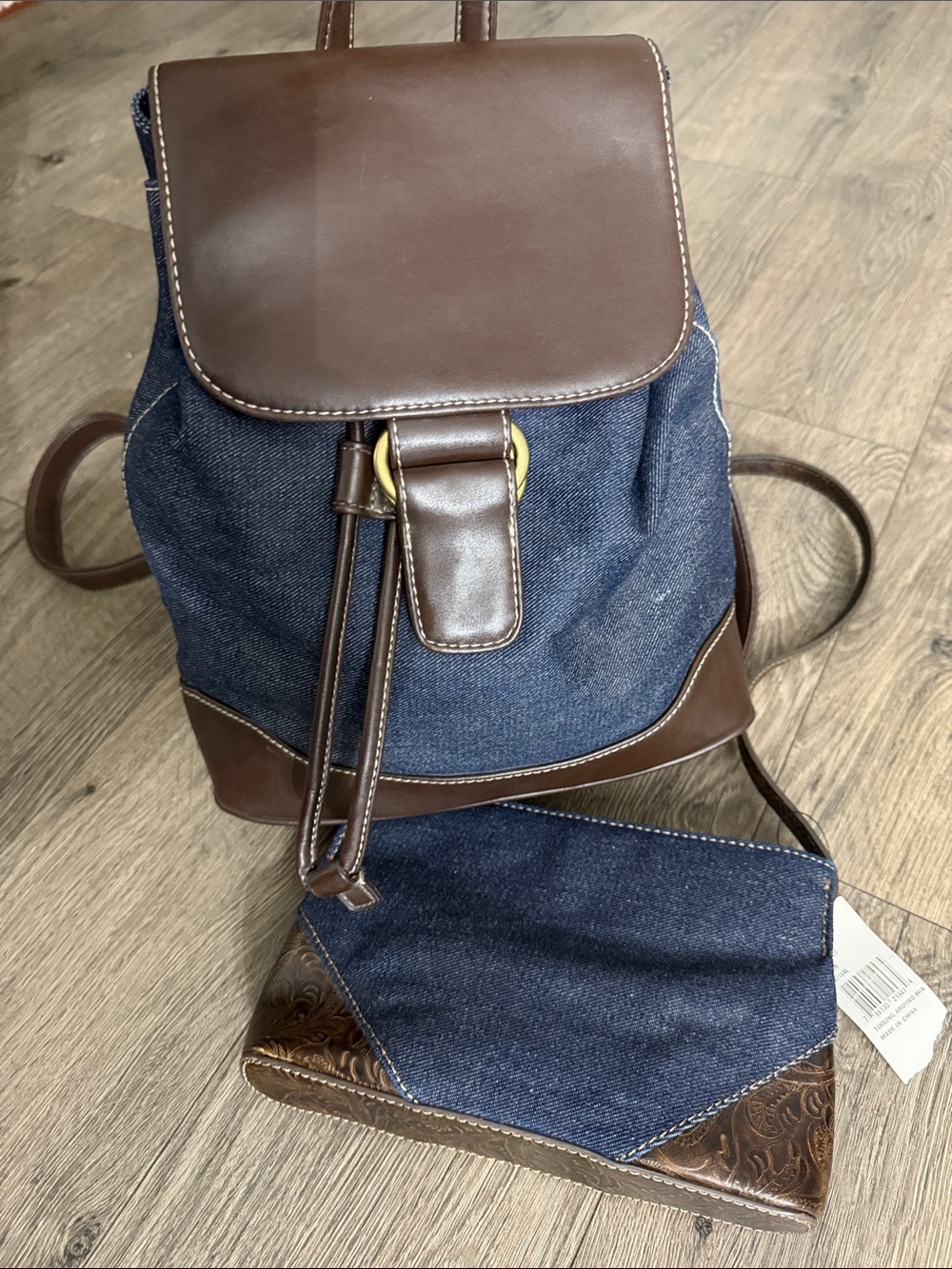 None West Duo Brand Navy Denim & Brown Leather Backpack & Shoulder Bag